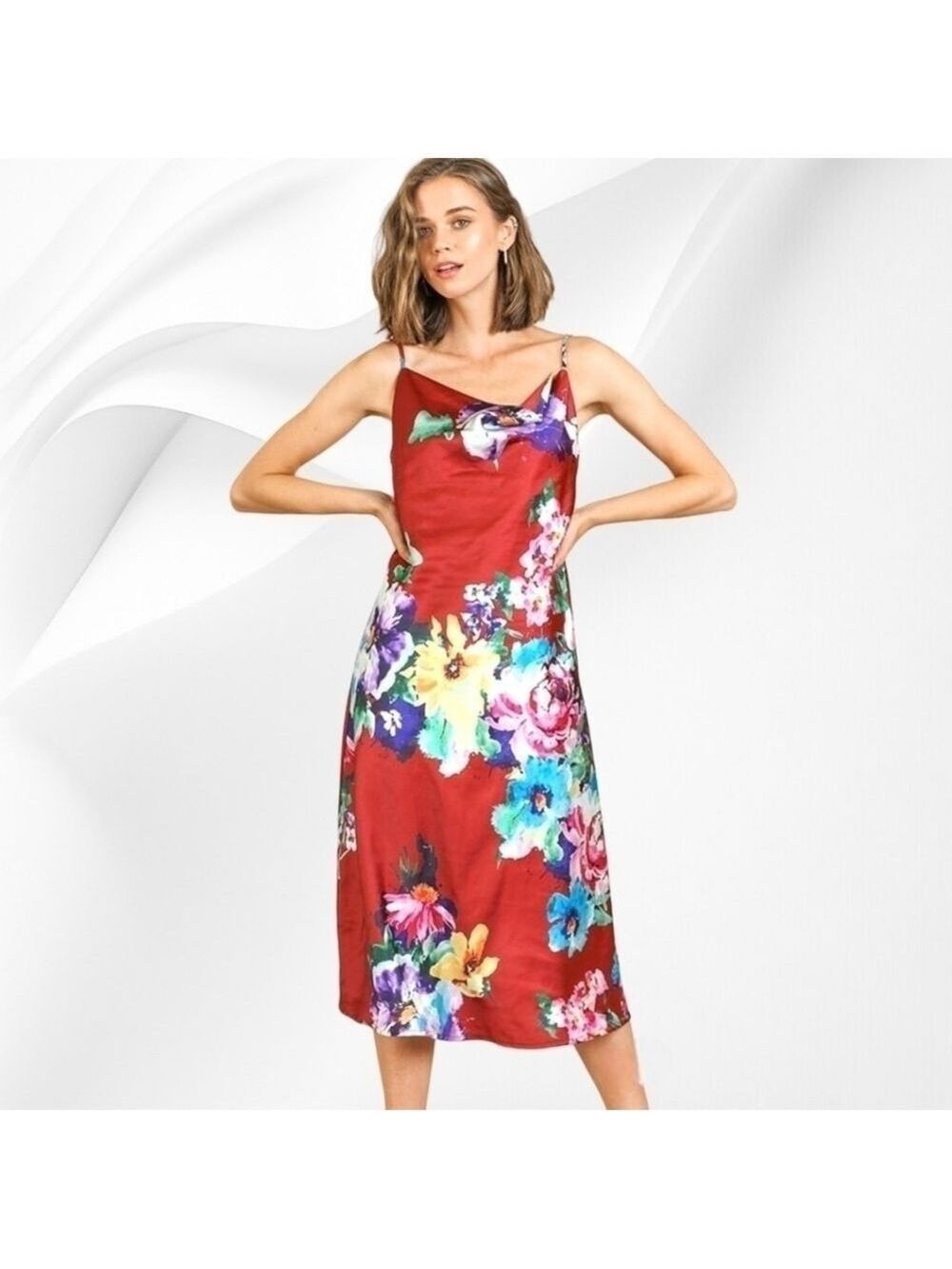 UMGEE | Raspberry Mix (Red) Floral Print Sleeveless Cowl Neck Midi Slip Dress - Picture 3 of 4